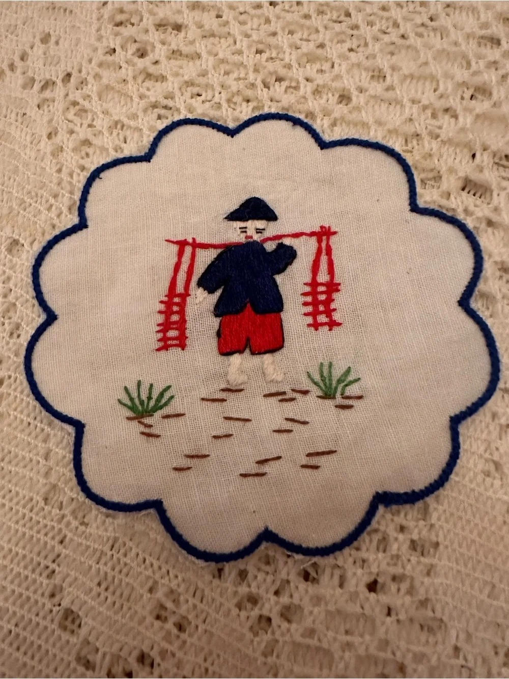 Vintage Hand-Embroidered Linen Cocktail Coasters – Asian Men - Set of 6